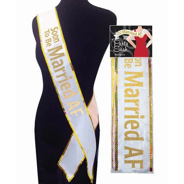 Soon To Be Married AF sash in white with gold glitter, on a form and in its pack
