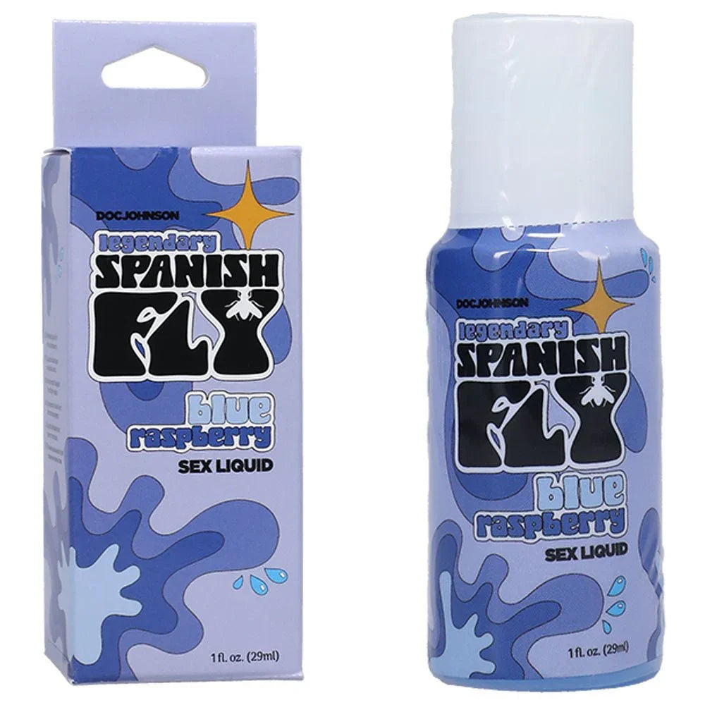 Doc Johnson Spanish Fly Blue Raspberry 29 ml bottle beside its lilac retail box