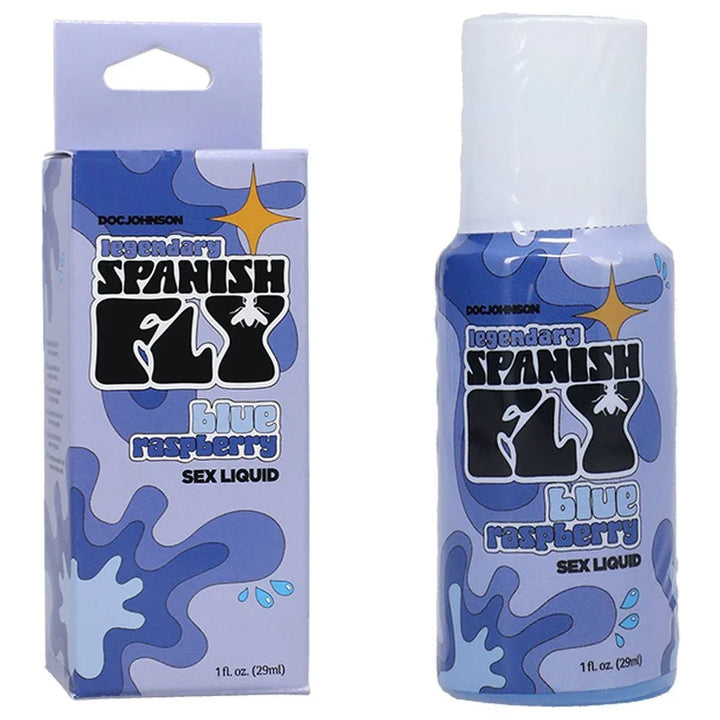 Doc Johnson Spanish Fly Blue Raspberry 29 ml bottle beside its lilac retail box