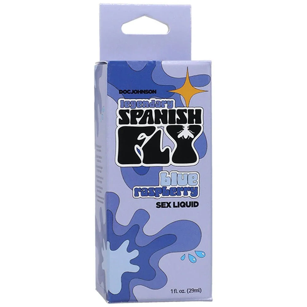 Doc Johnson Spanish Fly Blue Raspberry retail box alone, blue splash art