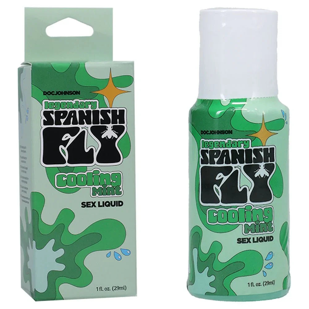 Doc Johnson Spanish Fly Cooling Mint 29 ml bottle beside its mint-green retail box