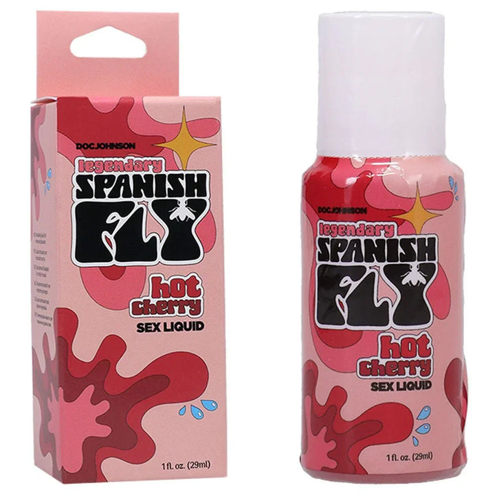 Doc Johnson Spanish Fly Hot Cherry 29 ml bottle beside its pink retail box