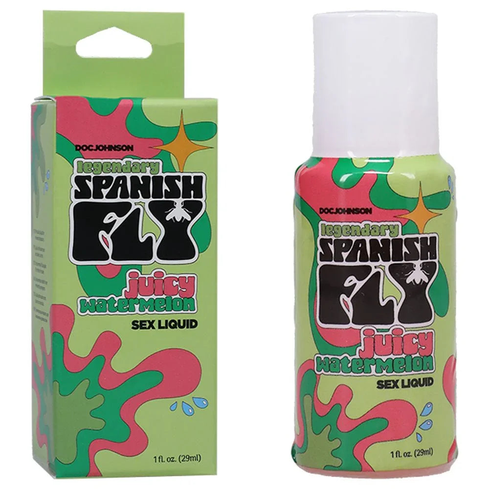 Doc Johnson Spanish Fly Juicy Watermelon 29 ml bottle beside its green retail box