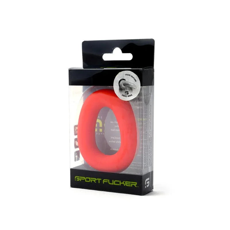 Sport Fucker Hero Ring in Red packed in its clear-window box, front view