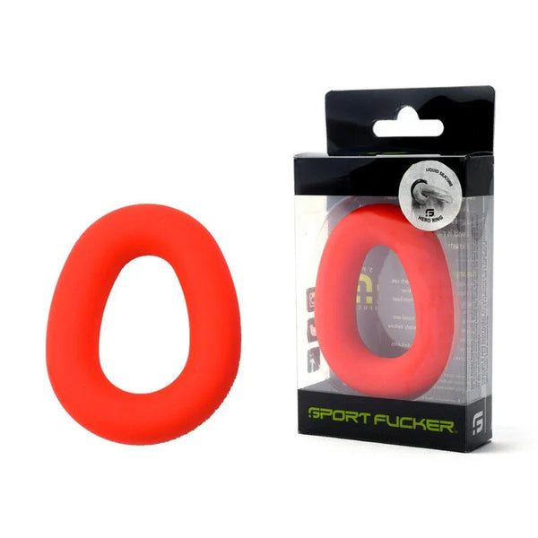 Sport Fucker Hero Ring in Red beside its clear retail box