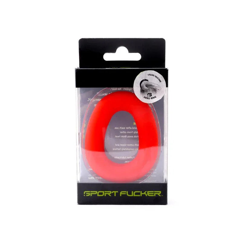 Sport Fucker Hero Ring in Red boxed, angled to show the tapered profile