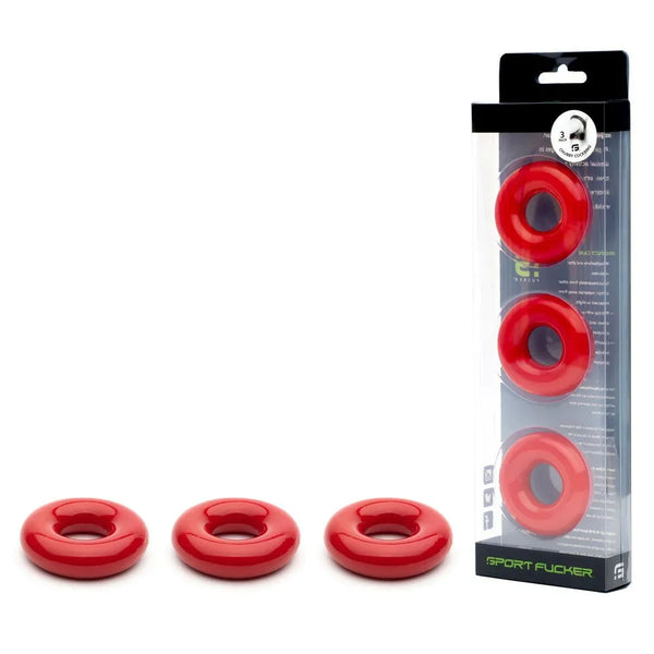 Sport Fucker Rubber Cockring 3-pack in Red, rings lined up beside the box