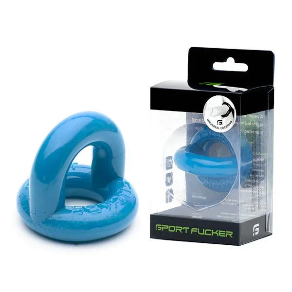 Sport Fucker Universal Cockring in Police Blue beside its retail box