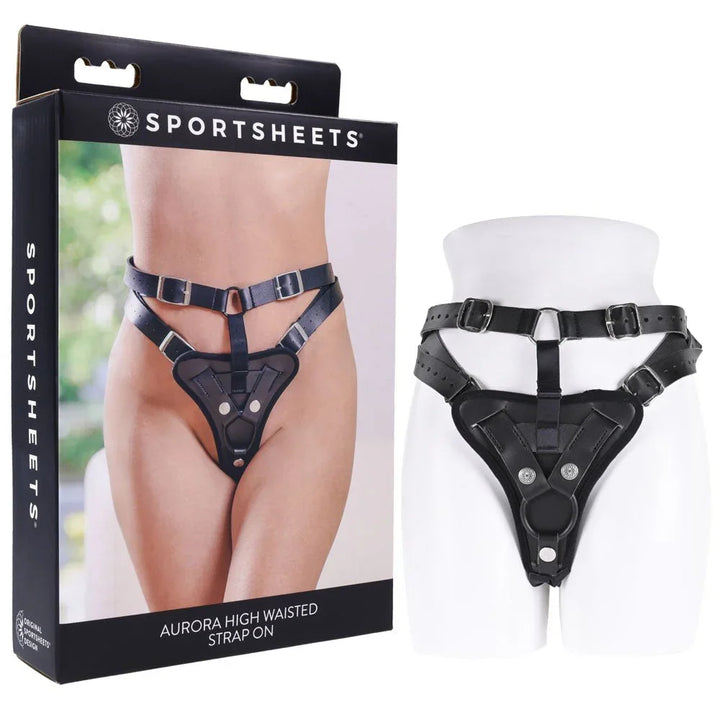 Sportsheets Aurora High Waisted Strap On on a mannequin form beside its box
