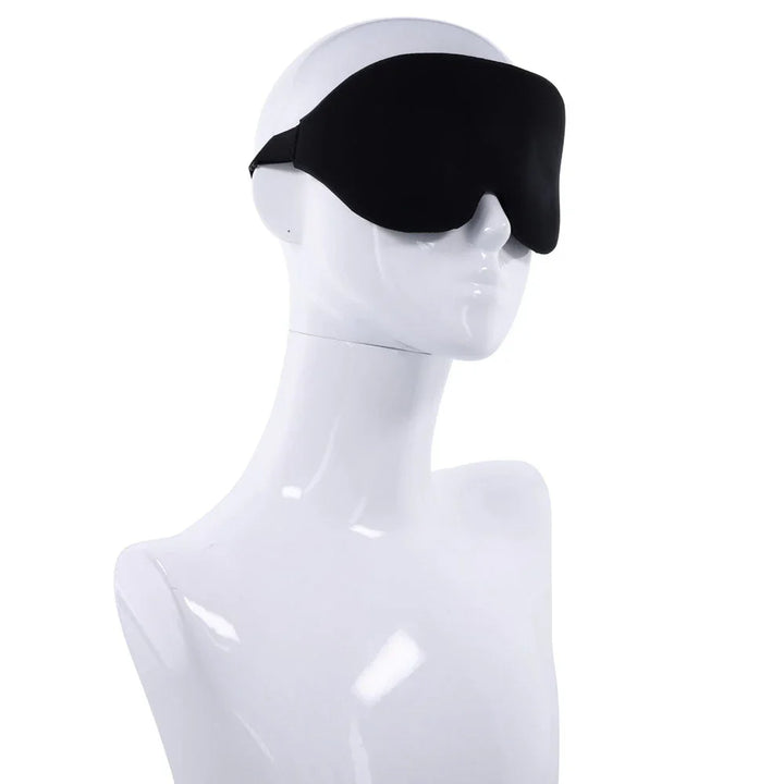 Blackout Blindfold on a white mannequin head, angled view