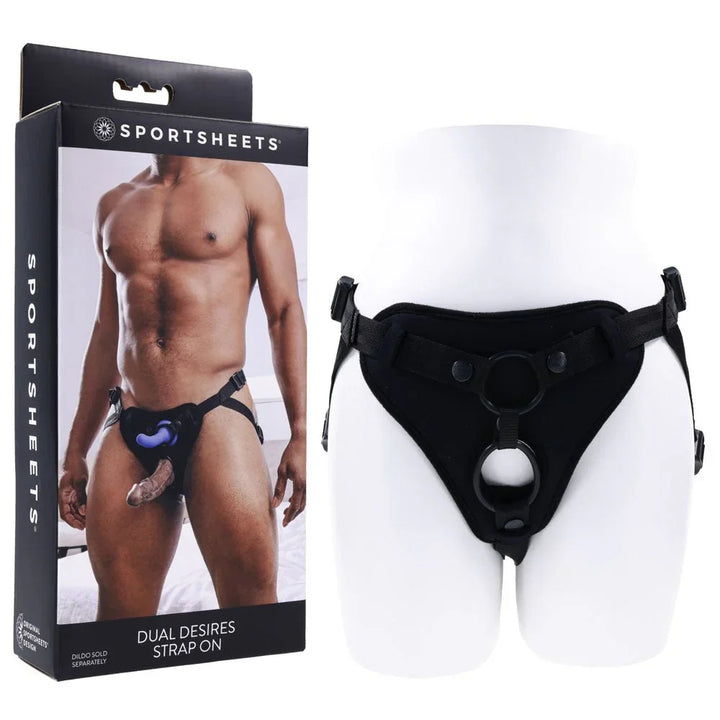 Sportsheets Dual Desires Strap On harness on a mannequin form beside its retail box