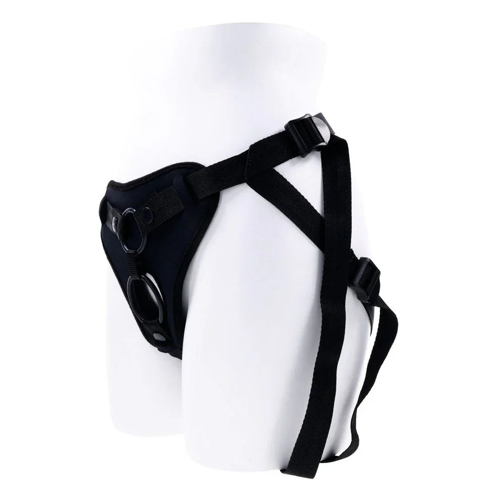 Dual Desires harness on a mannequin form, angled to show the thigh straps