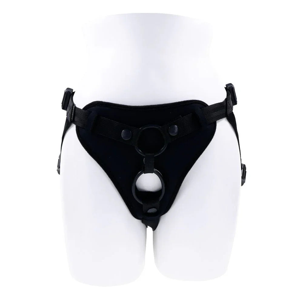 Dual Desires harness on a mannequin form, front view of the O-ring pouch