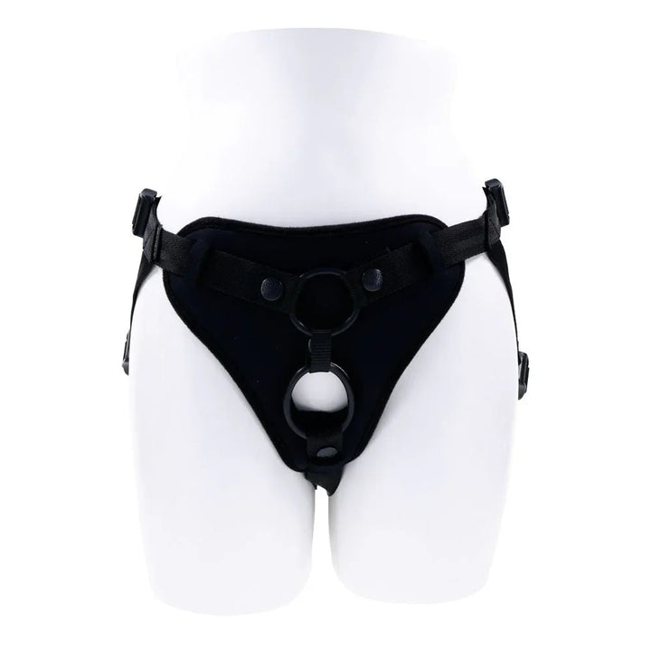 Dual Desires harness on a mannequin form, front view of the O-ring pouch