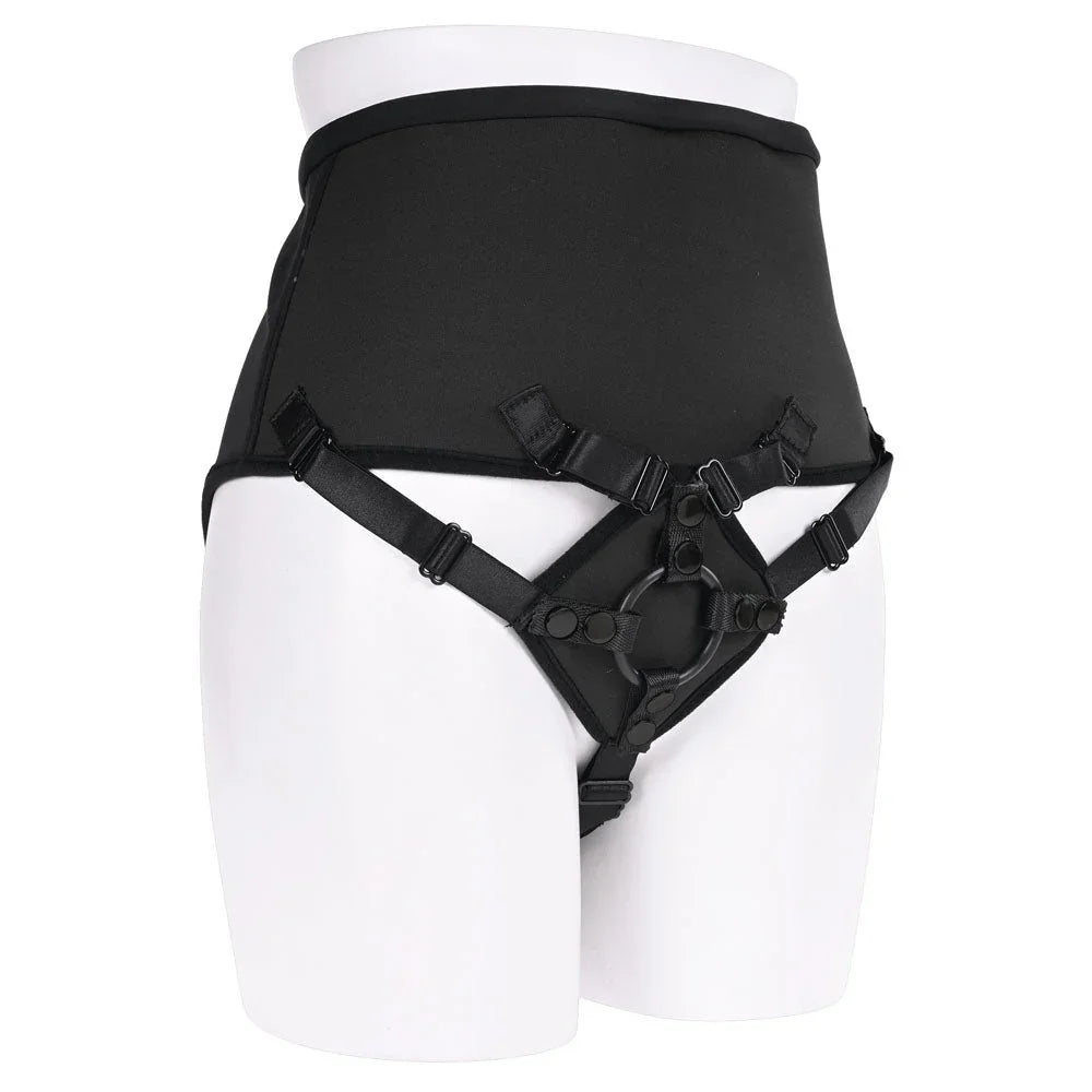 Corset harness on a mannequin form, front view with the O-ring plate