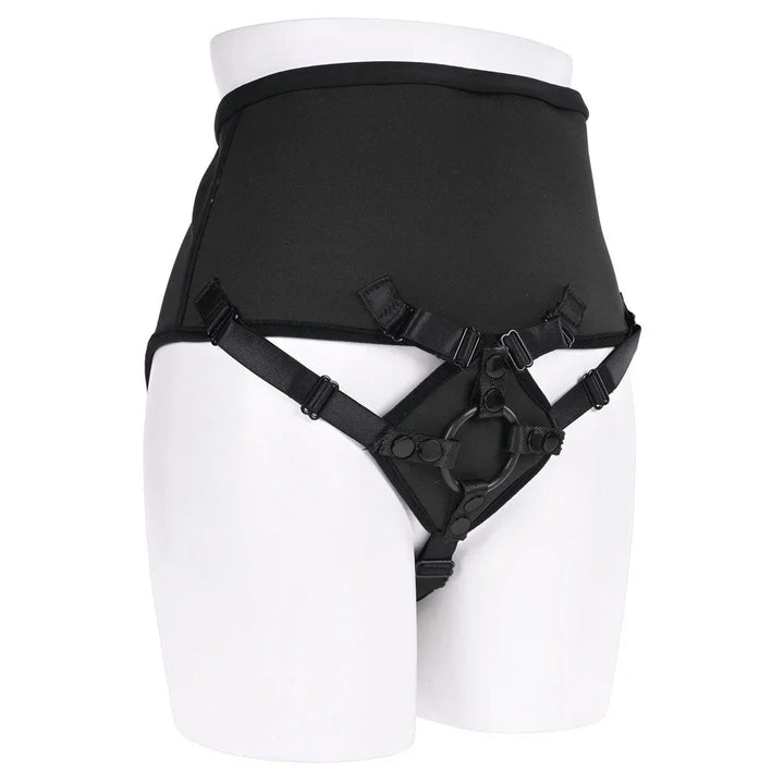 Corset harness on a mannequin form, front view with the O-ring plate