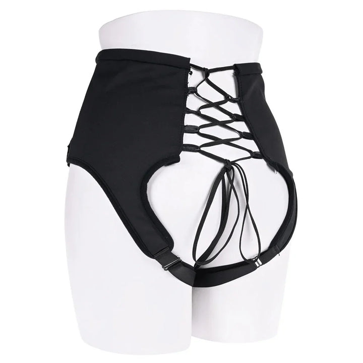 Corset harness on a mannequin form from behind, showing the lace-up back