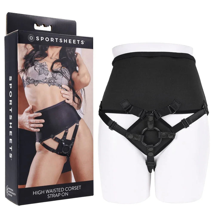 Sportsheets High Waisted Corset Strap On on a mannequin form beside its box