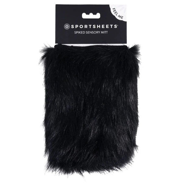 Sportsheets Spiked Sensory Mitt in black faux fur on its retail card