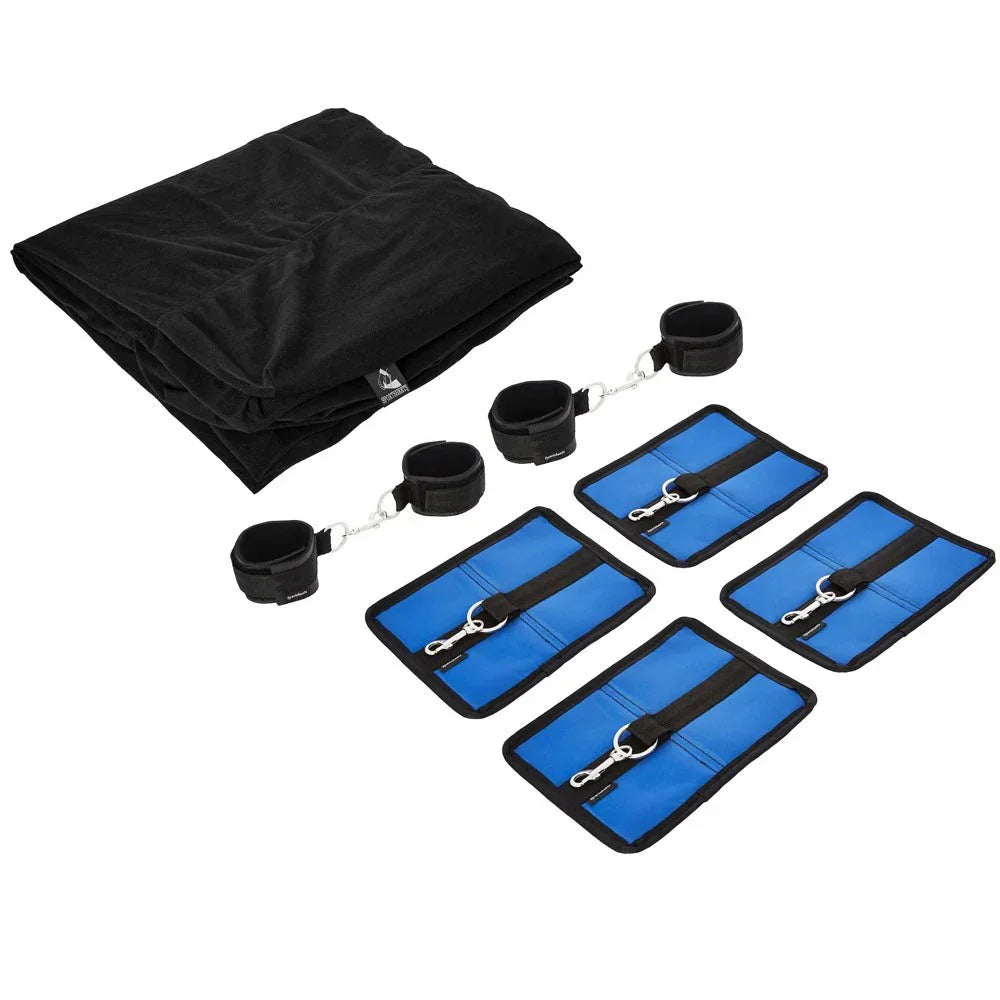 Folded black Sportsheet with the cuffs and four blue anchor pads laid out