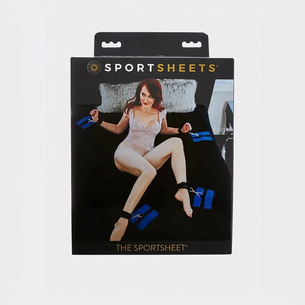 Sportsheets The Sportsheet Queen retail box with blue cuffs shown on the sleeve