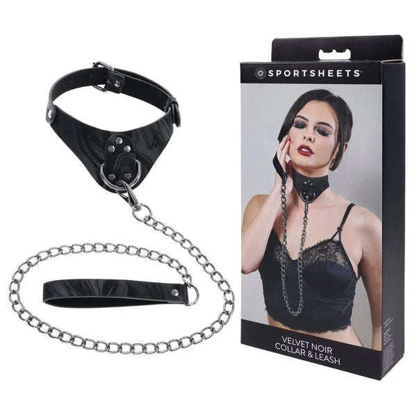 Sportsheets Velvet Noir Collar & Leash: black quilted collar with chain leash, beside its box
