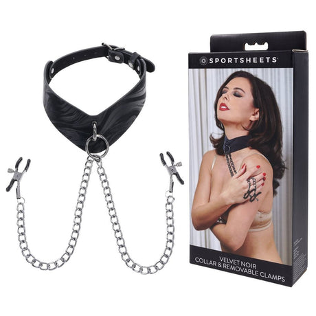 Buy SPORTSHEETS Velvet Noir Collar & Removable Clamps - Black Neck & Nipple Restraints – Naughtyhut NZ sex toys online. Discreet delivery & top brands.