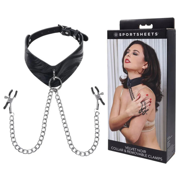 Velvet Noir collar with chained nipple clamps attached, shown beside its retail box