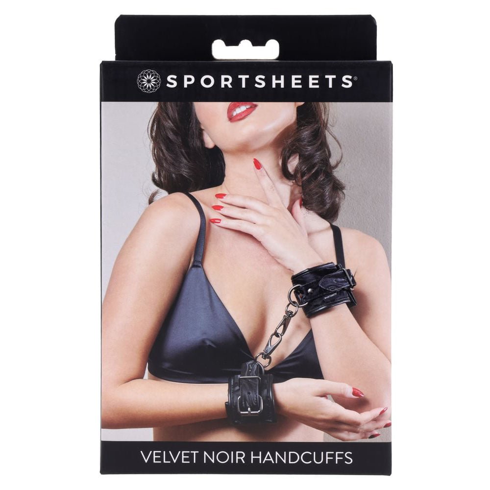 Buy SPORTSHEETS Velvet Noir Handcuffs - Black Adjustable Cuff Restraints – Naughtyhut NZ sex toys online. Discreet delivery & top brands.
