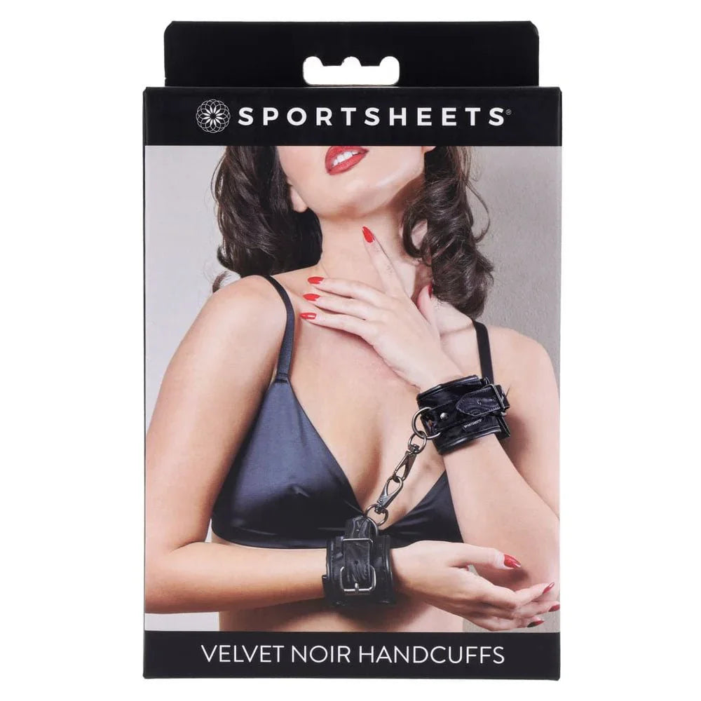 Sportsheets Velvet Noir Handcuffs retail box, front of pack