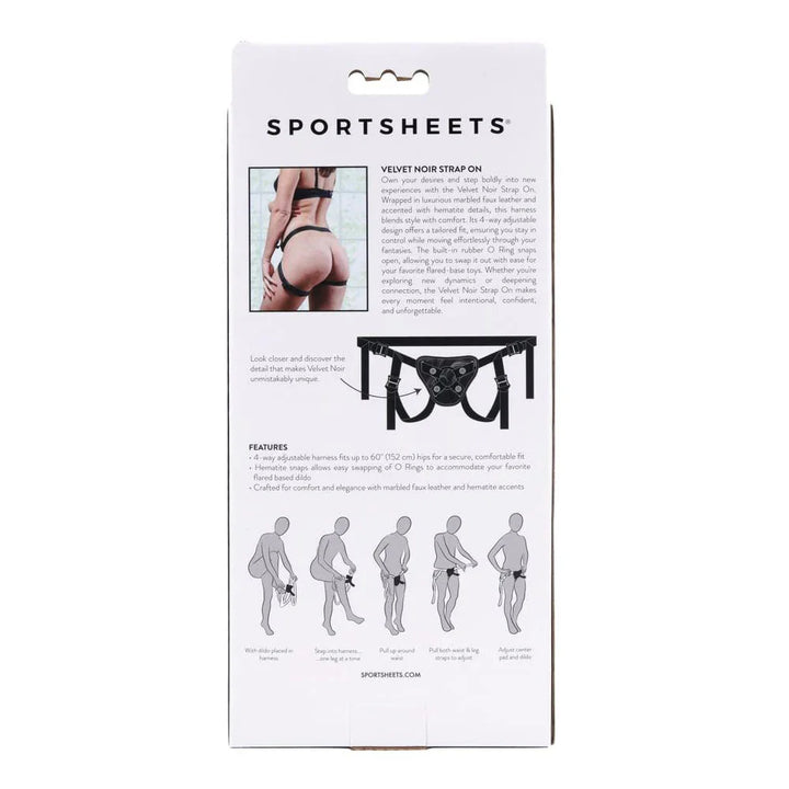 Back of the Velvet Noir Strap On box with feature list and fit diagrams