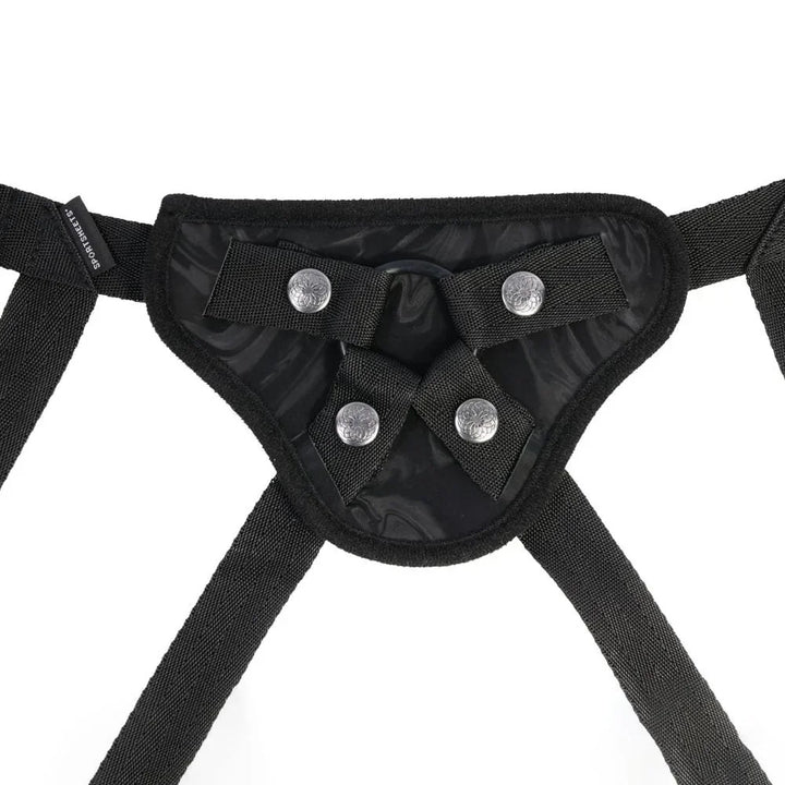 Close-up of the harness front panel with its four snaps and webbing straps