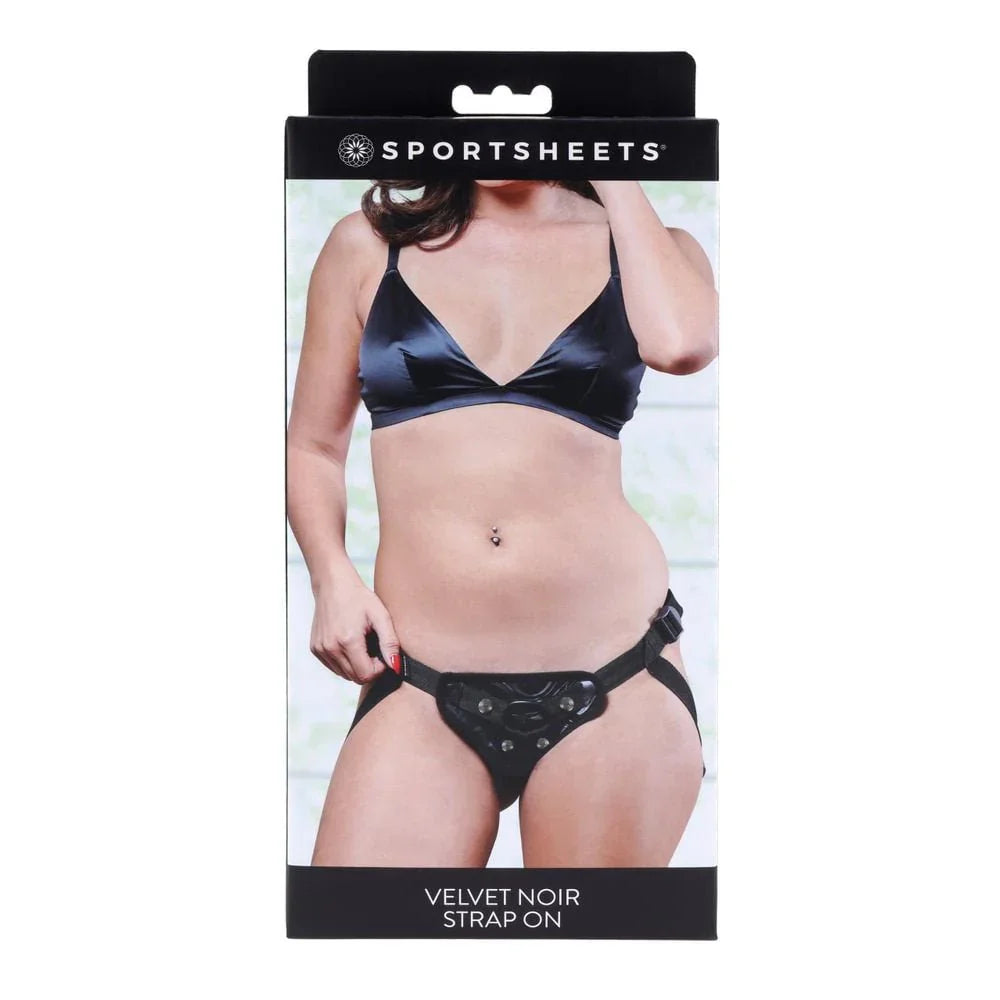 Sportsheets Velvet Noir Strap On retail box, front of pack