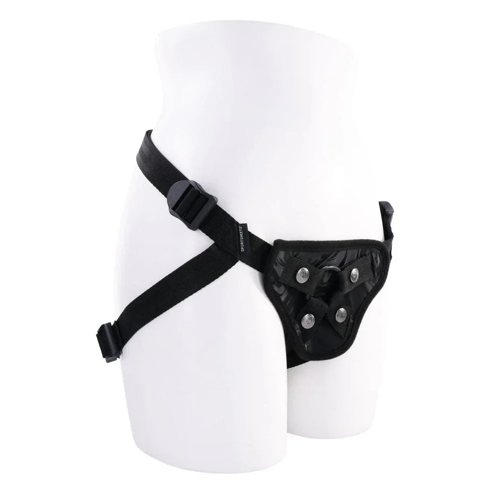Velvet Noir harness on a mannequin form, angled to show the hip buckle