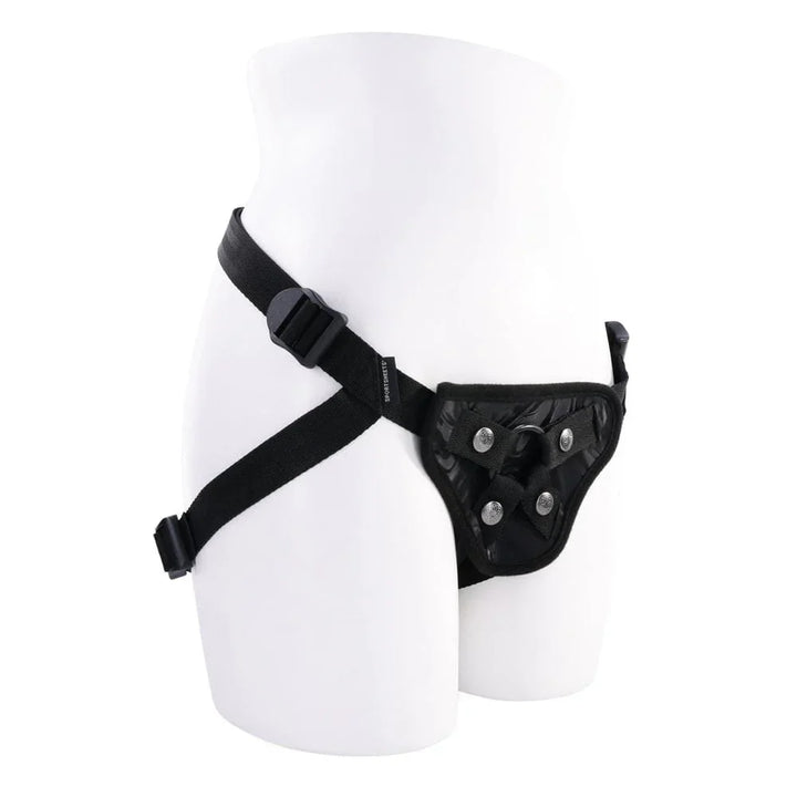 Velvet Noir harness on a mannequin form, angled to show the hip buckle