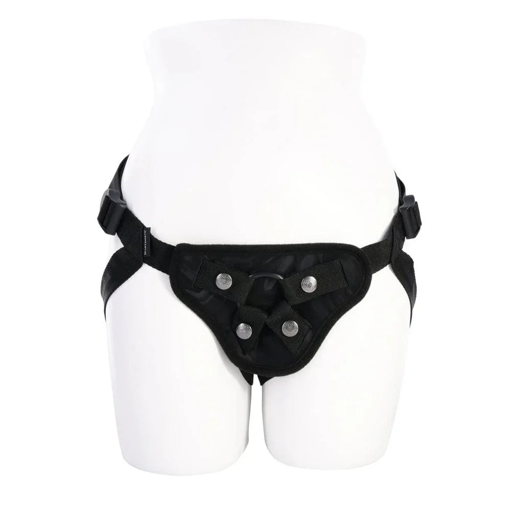 Velvet Noir harness on a white mannequin form, front view of the O-ring plate