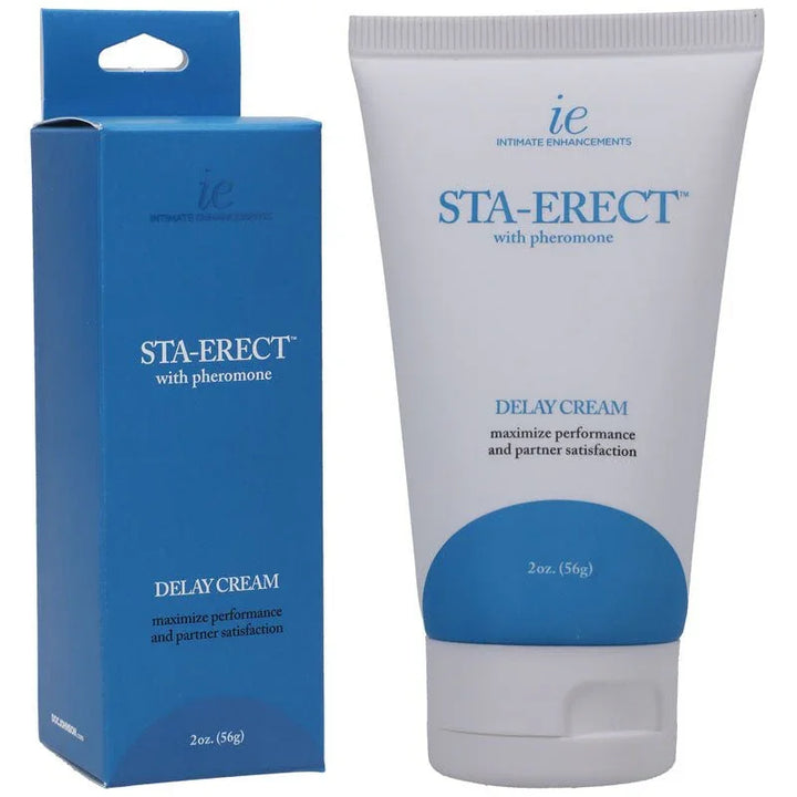 Sta-Erect Delay Cream 56 g white tube beside its blue retail box