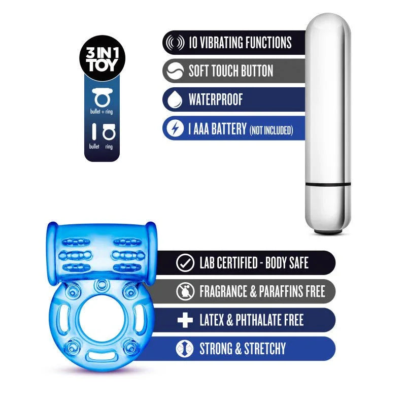 Bull Ring feature panel: 3-in-1 toy, 10 vibrating functions, waterproof, 1 AAA battery