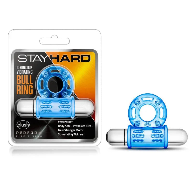 Stay Hard 10-Function Vibrating Bull Ring in blue with silver bullet and blister pack