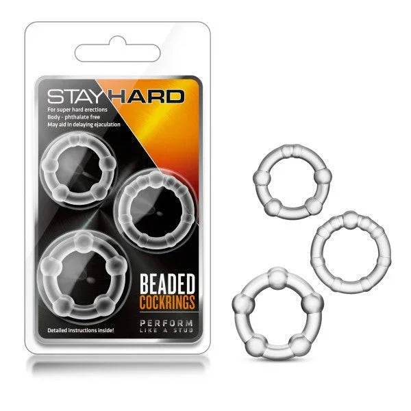 Stay Hard Beaded Cock Rings, three clear beaded rings in graduated sizes with the pack