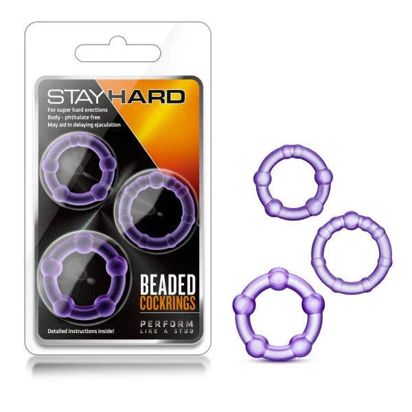 Stay Hard Beaded Cockrings, three purple beaded rings in graduated sizes with the pack