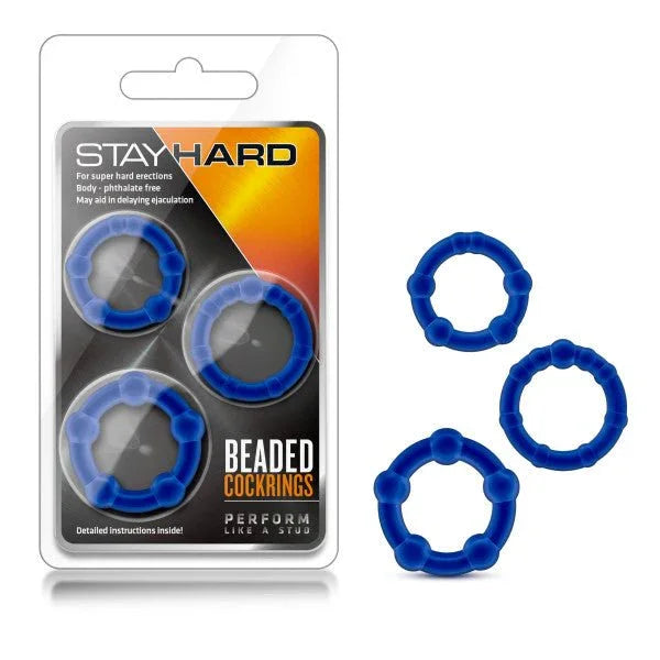 Stay Hard Beaded Cockrings, three blue beaded rings in graduated sizes with the pack