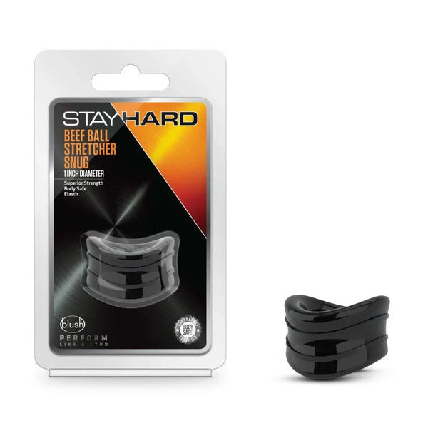 Stay Hard Beef Ball Stretcher Snug in black, ribbed ring beside its blister pack