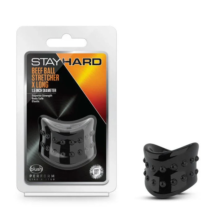 Stay Hard Beef Ball Stretcher X Long in black, tall studded ring with its blister pack