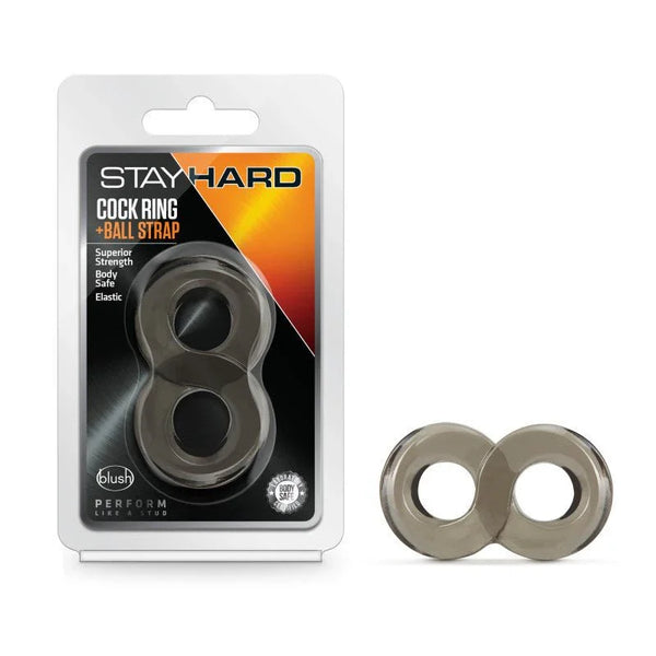 Stay Hard cock ring and ball strap in smoke black, figure-eight loop with its pack