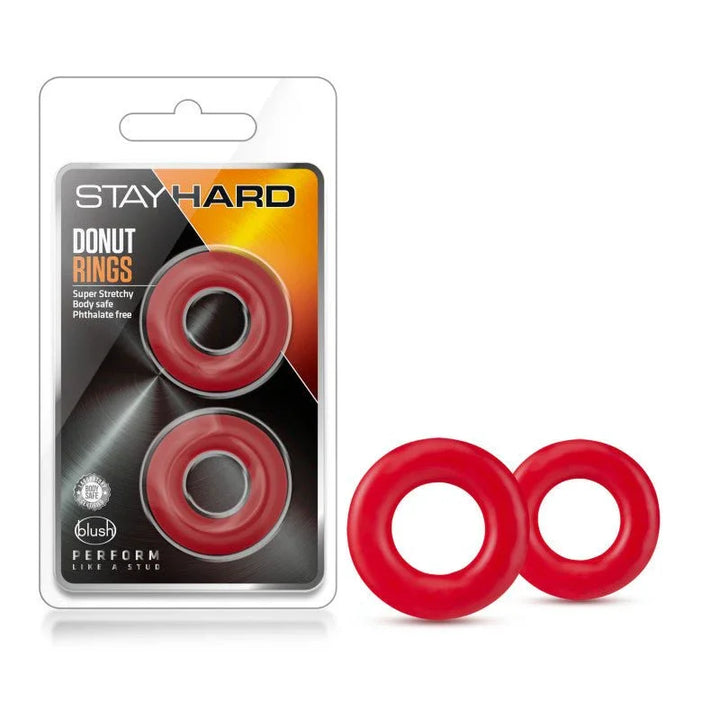 Stay Hard Donut Rings blister pack in red with the two stretchy rings alongside