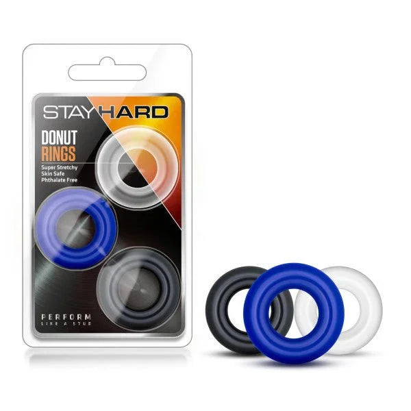 Stay Hard Donut Rings set of three in black, blue and clear with the blister pack
