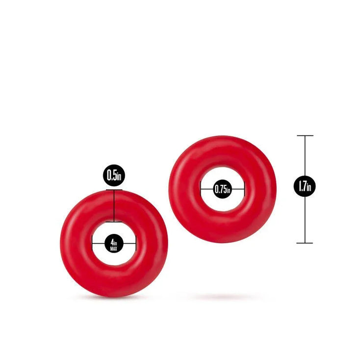 Two oversized red Stay Hard Donut Rings with 0.5in and 0.75in openings, 1.7in tall