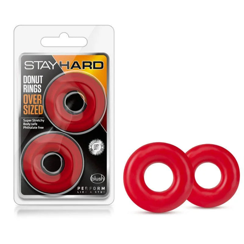 Stay Hard Donut Rings Oversized blister pack in red with the two large rings beside it