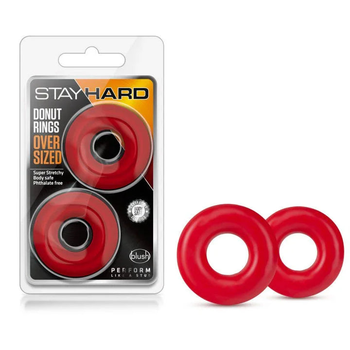 Stay Hard Donut Rings Oversized blister pack in red with the two large rings beside it